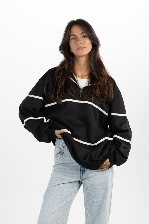 Zip Up Collar Up Sweater In Black