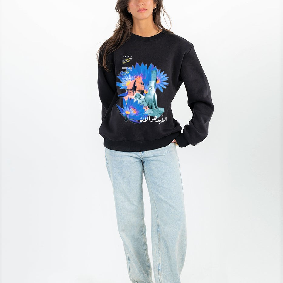 Blue Printed Unisex Crewneck In Black