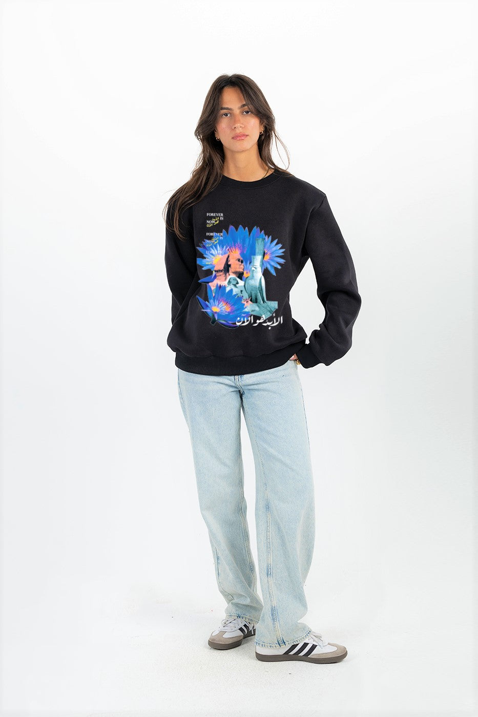 Blue Printed Unisex Crewneck In Black