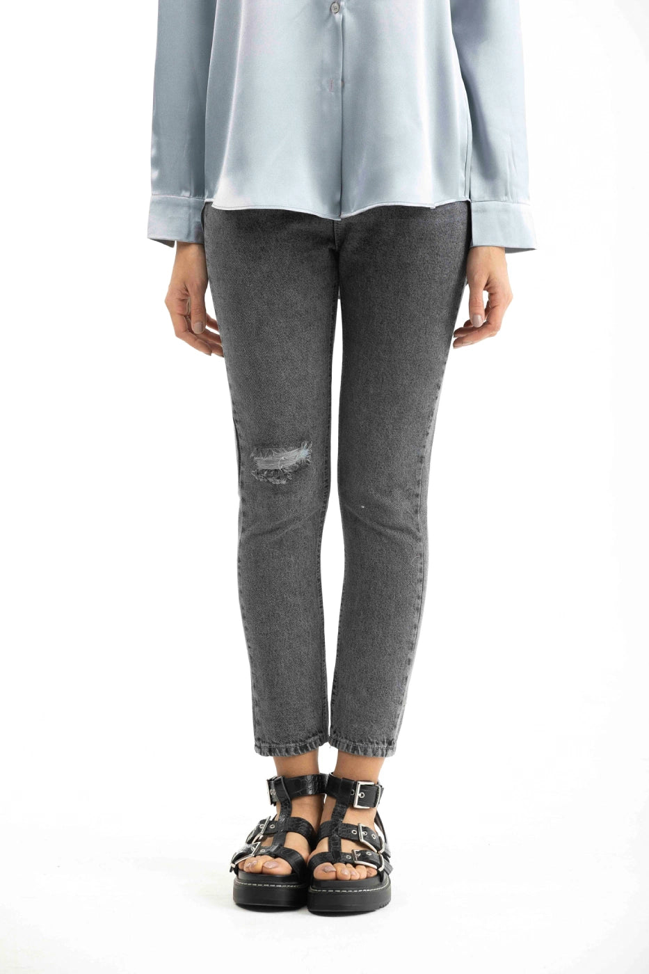 Dark Grey Ripped Detail Skinny Jeans