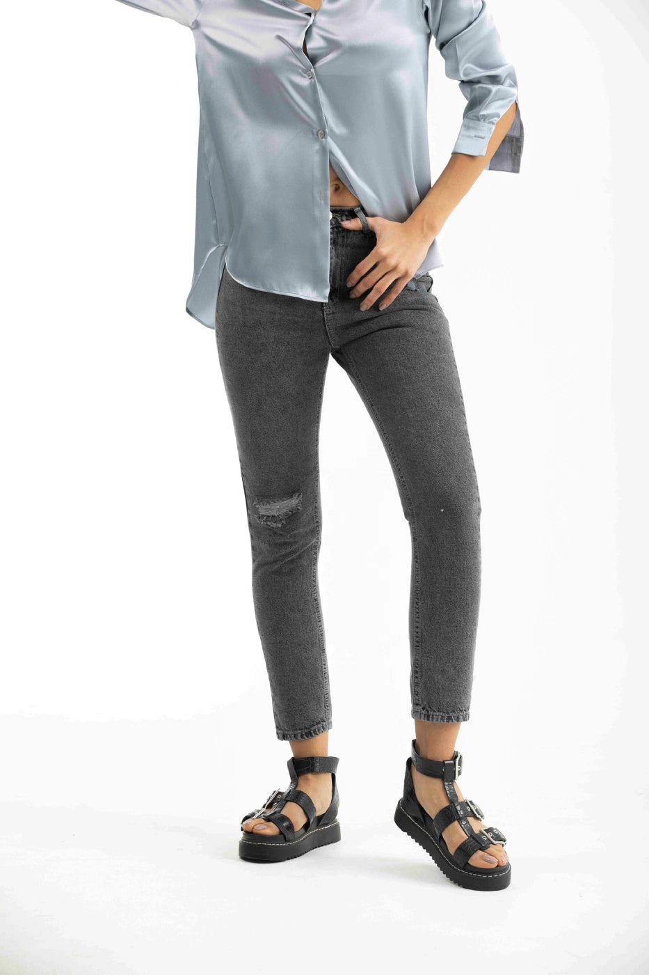 Dark Grey Ripped Detail Skinny Jeans