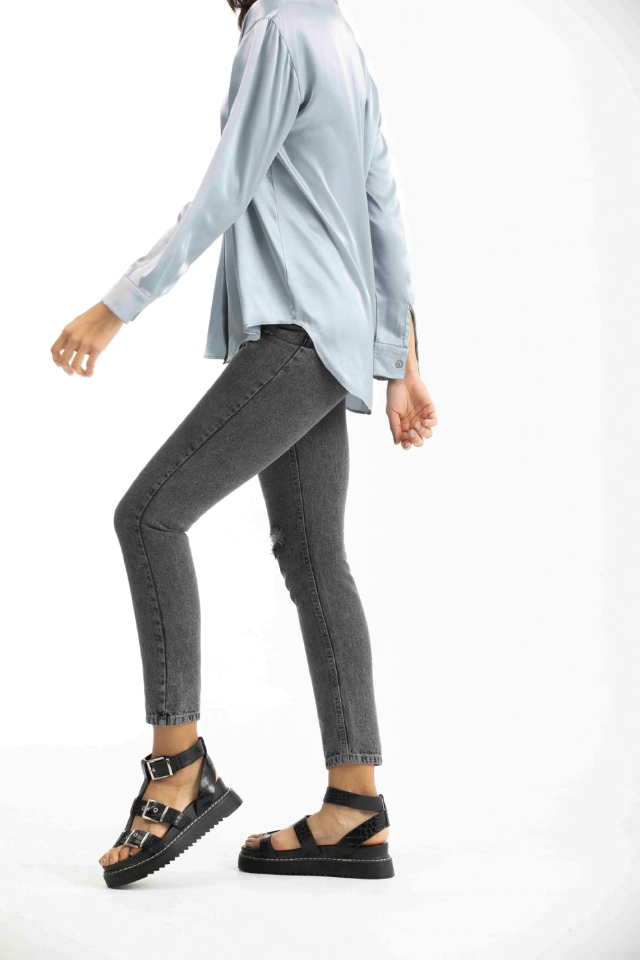 Dark Grey Ripped Detail Skinny Jeans