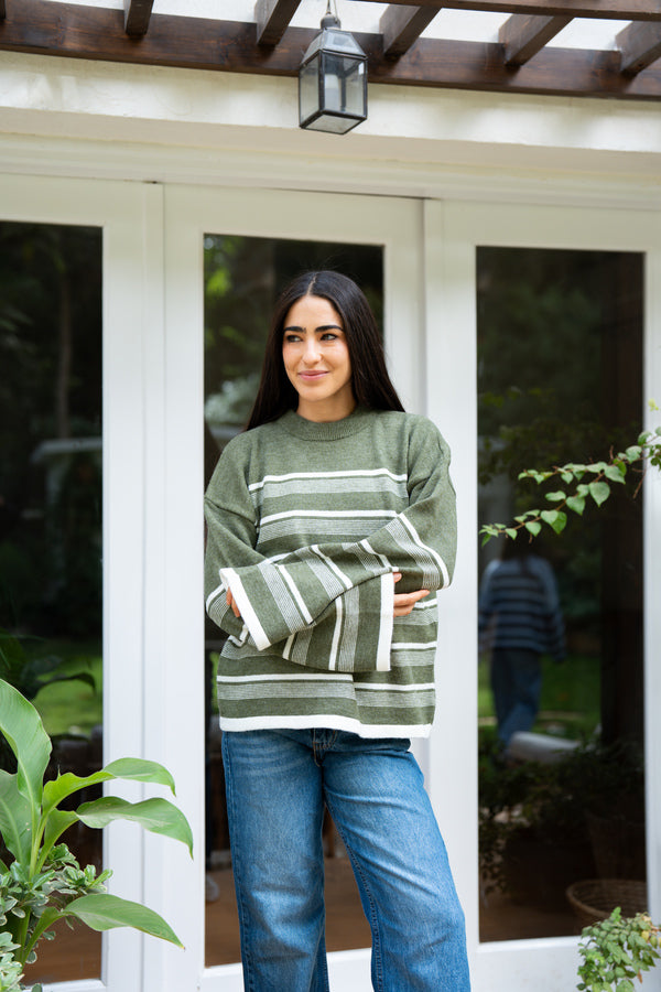 Olive Green  Striped Sweater
