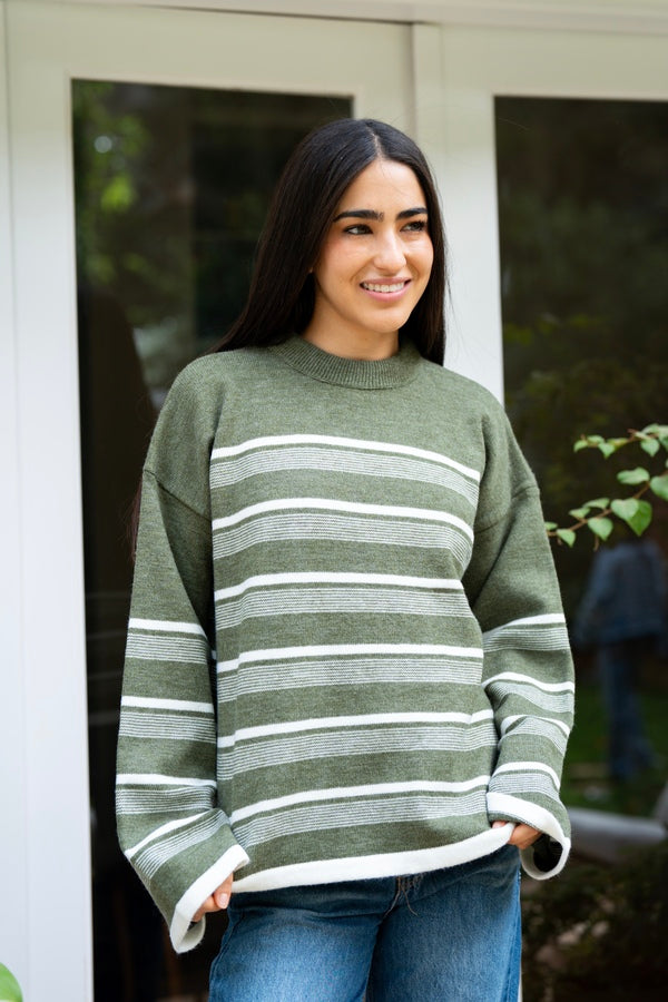 Olive Green  Striped Sweater