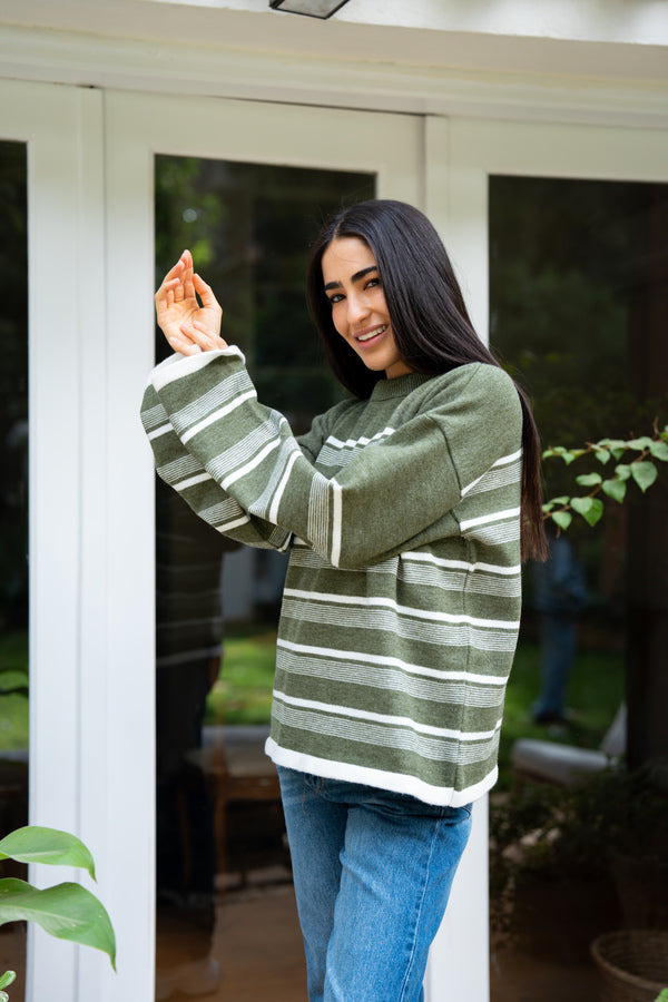 Olive Green  Striped Sweater