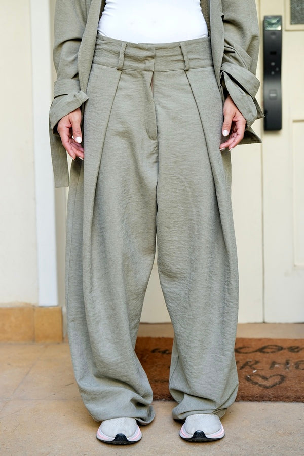Olive Pleated Suede Pants