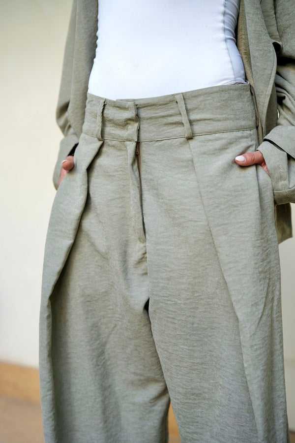 Olive Pleated Suede Pants
