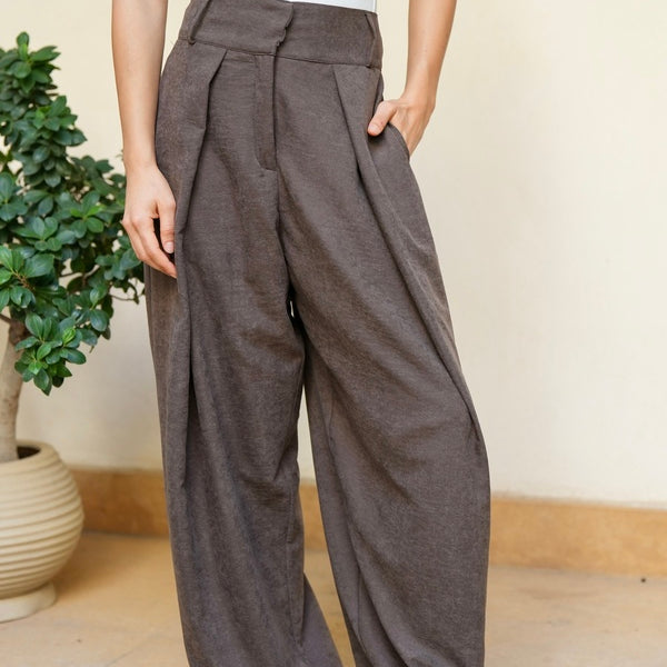 Brown Pleated Suede Pants