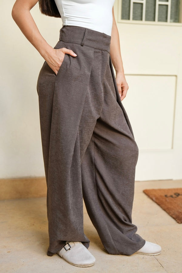 Brown Pleated Suede Pants