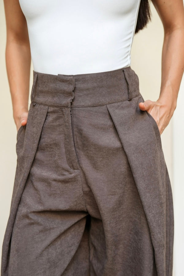 Brown Pleated Suede Pants