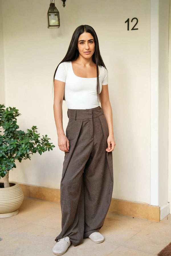 Brown Pleated Suede Pants