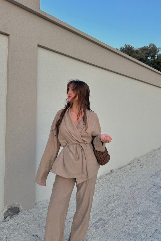 Basic Oversized Kimono Set In Beige
