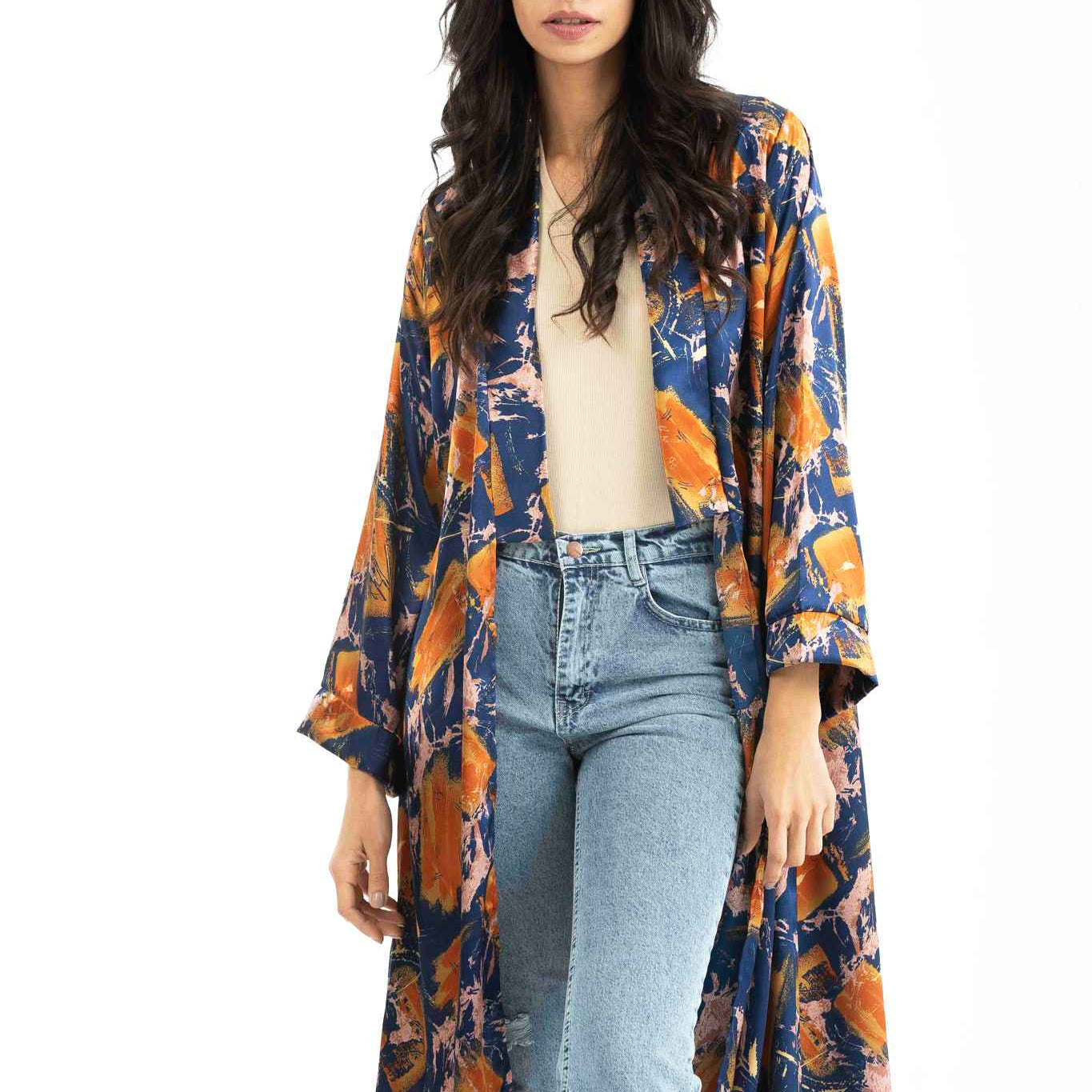 Mid Printed Satin Kimono