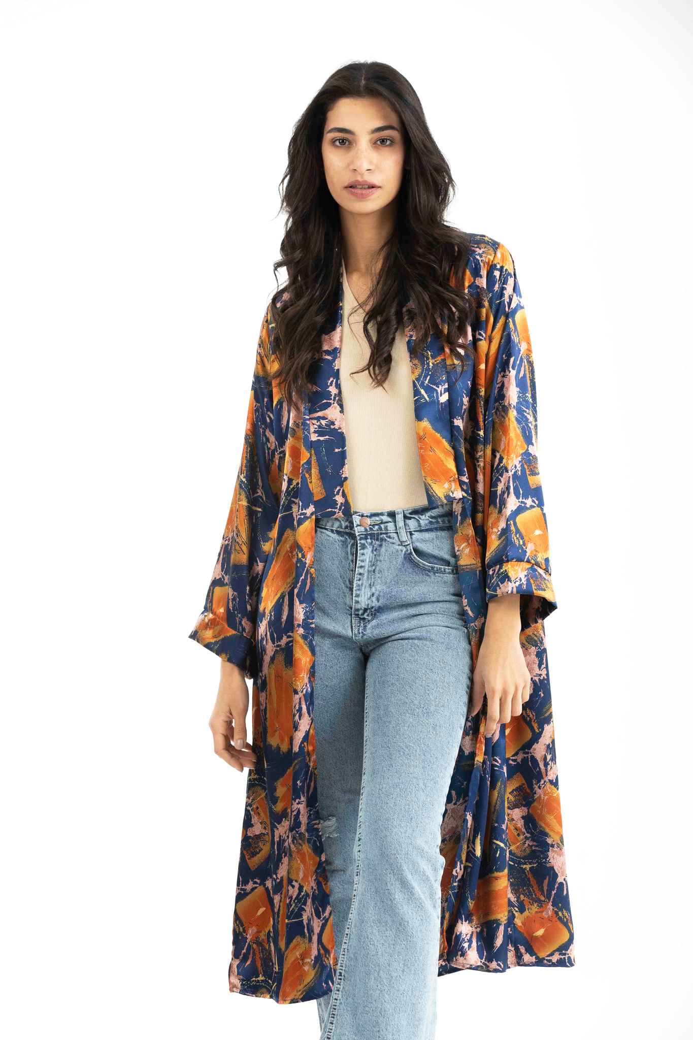 Mid Printed Satin Kimono