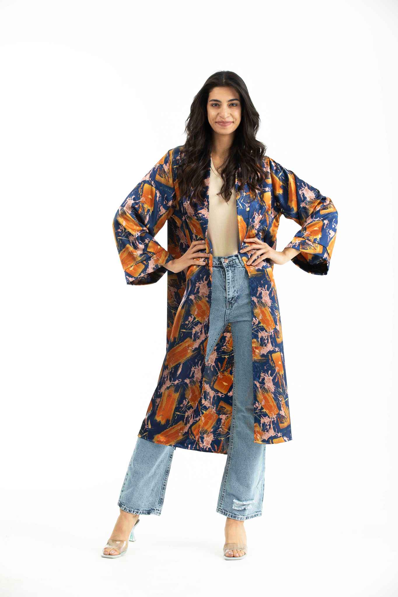 Mid Printed Satin Kimono