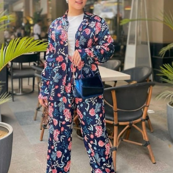 Two Pieced Blue Floral Satin Set