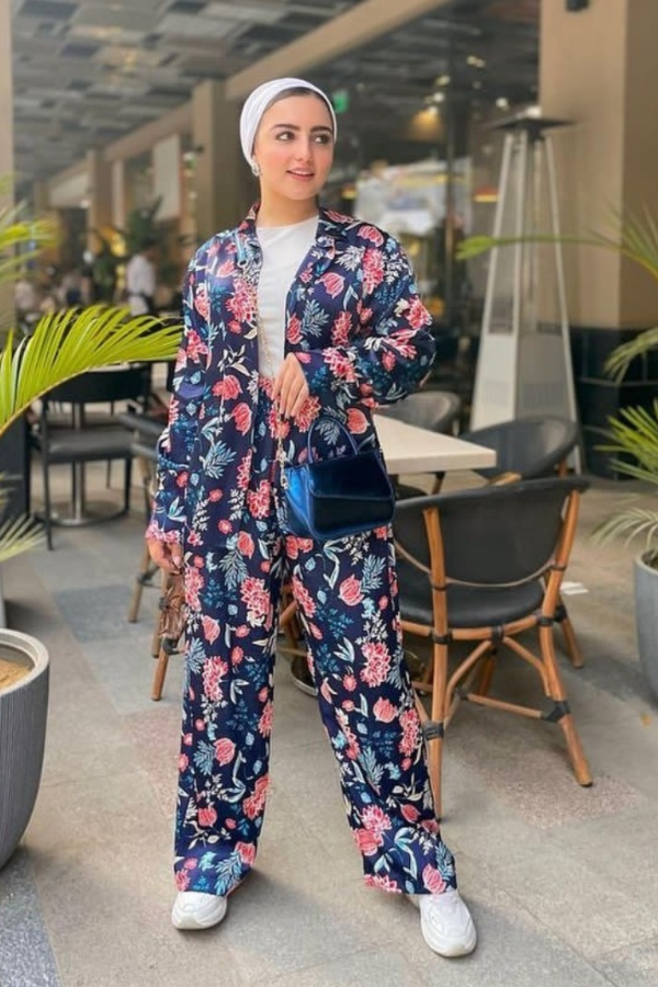 Two Pieced Blue Floral Satin Set