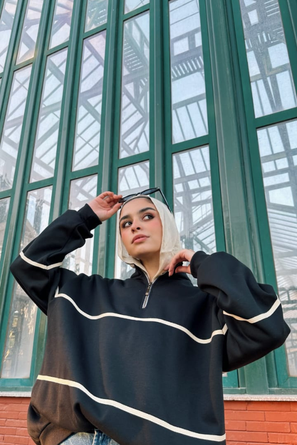 Zip Up Collar Up Sweater In Black