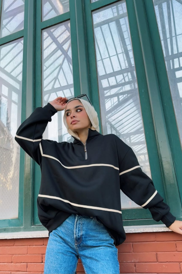 Zip Up Collar Up Sweater In Black