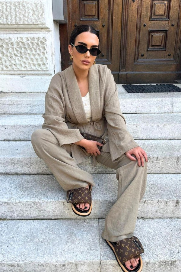 Basic Oversized Kimono Set In Beige