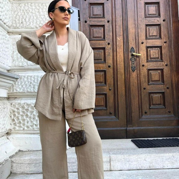 Basic Oversized Kimono Set In Beige