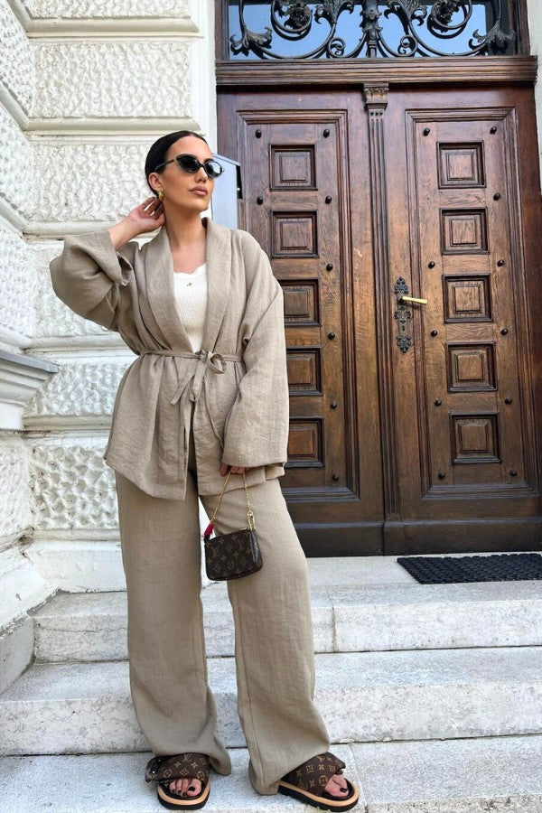 Basic Oversized Kimono Set In Beige