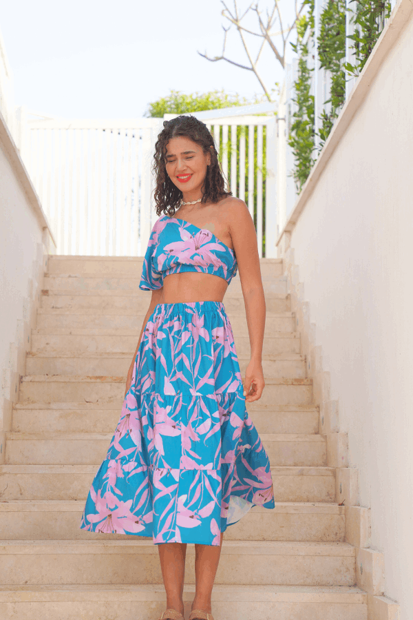 Pinkish Floral One Shoulder Set