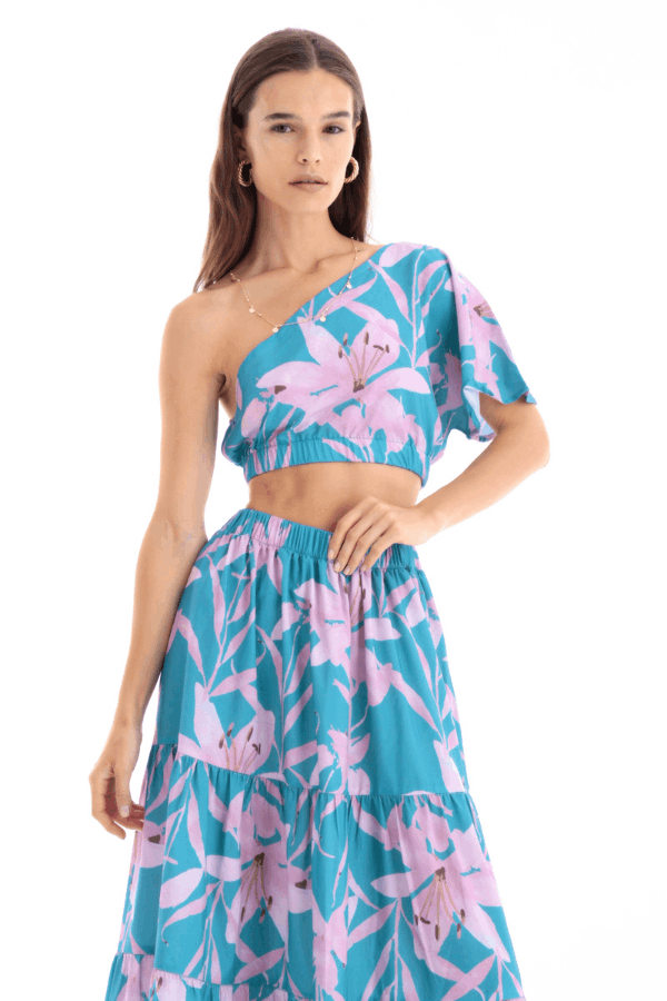 Pinkish Floral One Shoulder Set