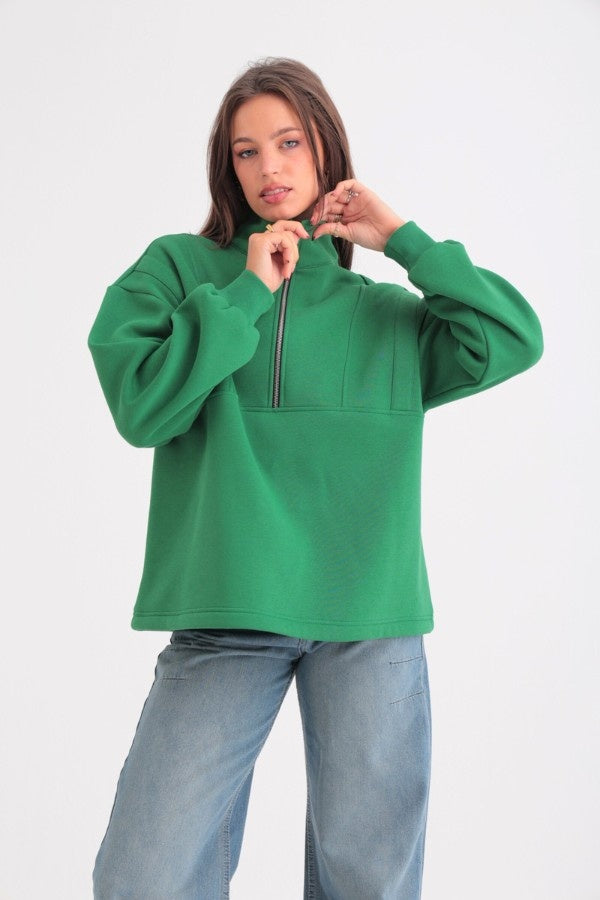 Plush Zip Up Green Sweatshirt