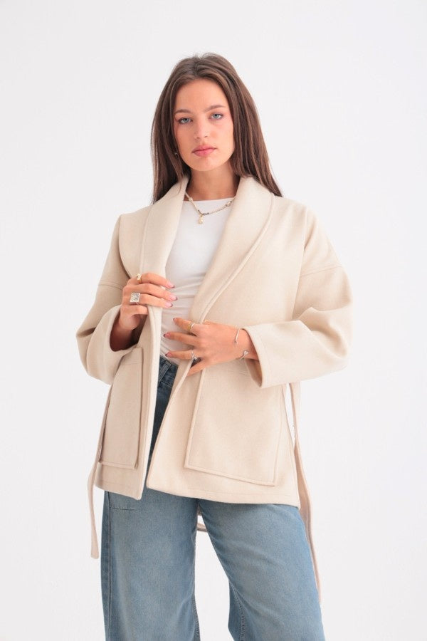 Oversized Belted Beige Jacket