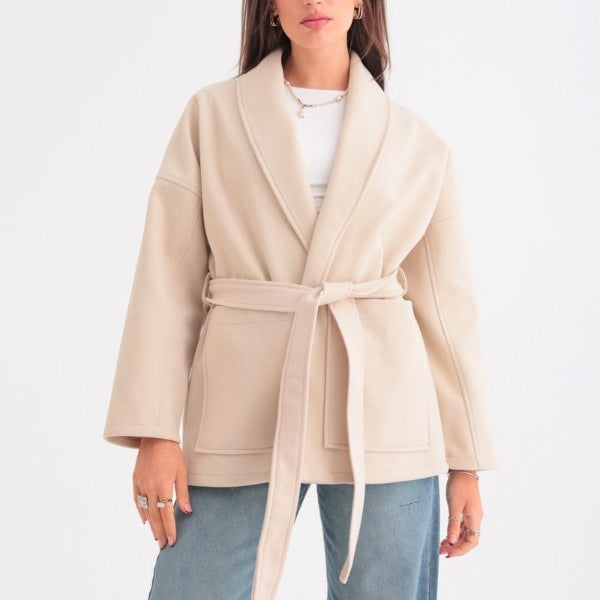Oversized Belted Beige Jacket
