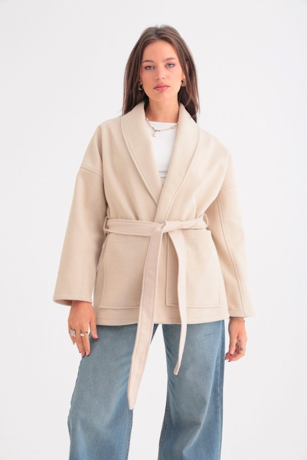 Oversized Belted Beige Jacket