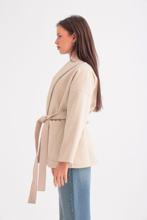 Oversized Belted Beige Jacket