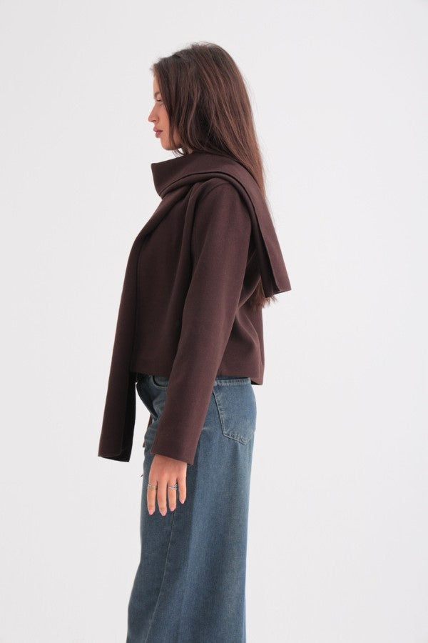 Comfy Cropped Scarved Jacket In Brown