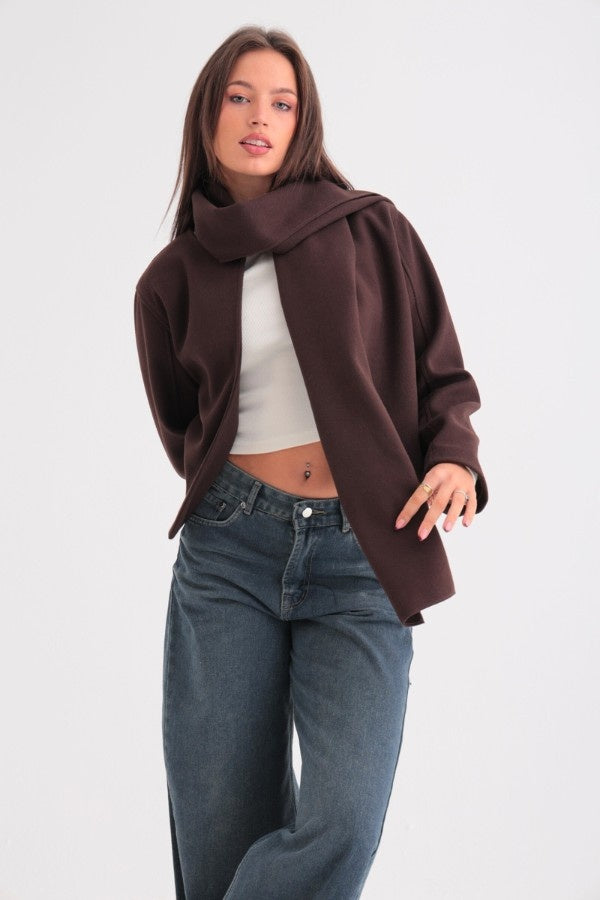 Comfy Cropped Scarved Jacket In Brown
