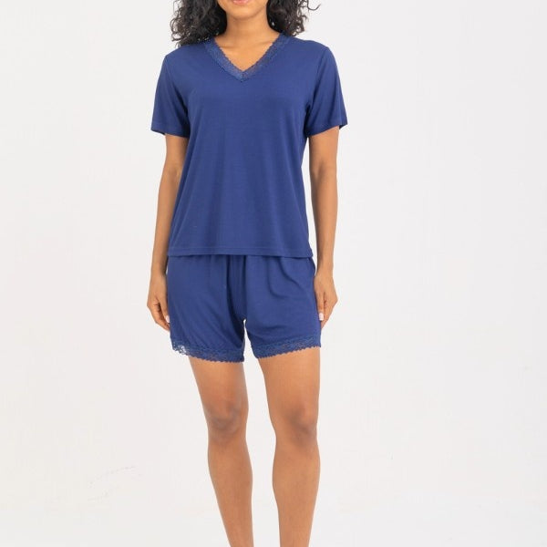 V-neck Short Pyjama Set In Navy Blue