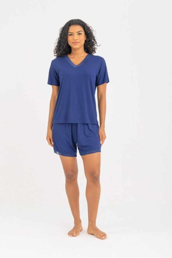 V-neck Short Pyjama Set In Navy Blue