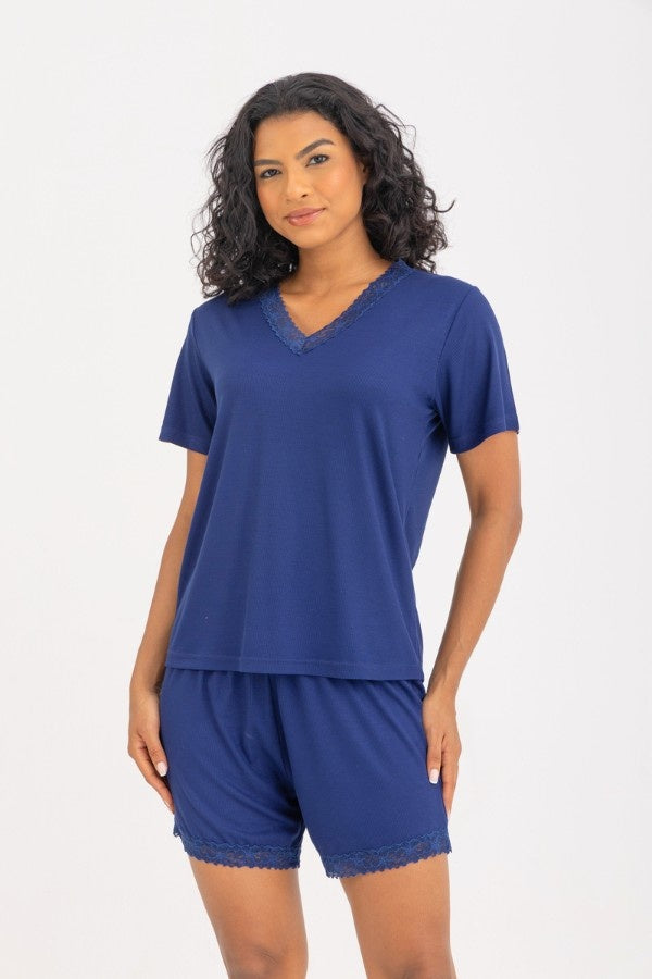 V-neck Short Pyjama Set In Navy Blue