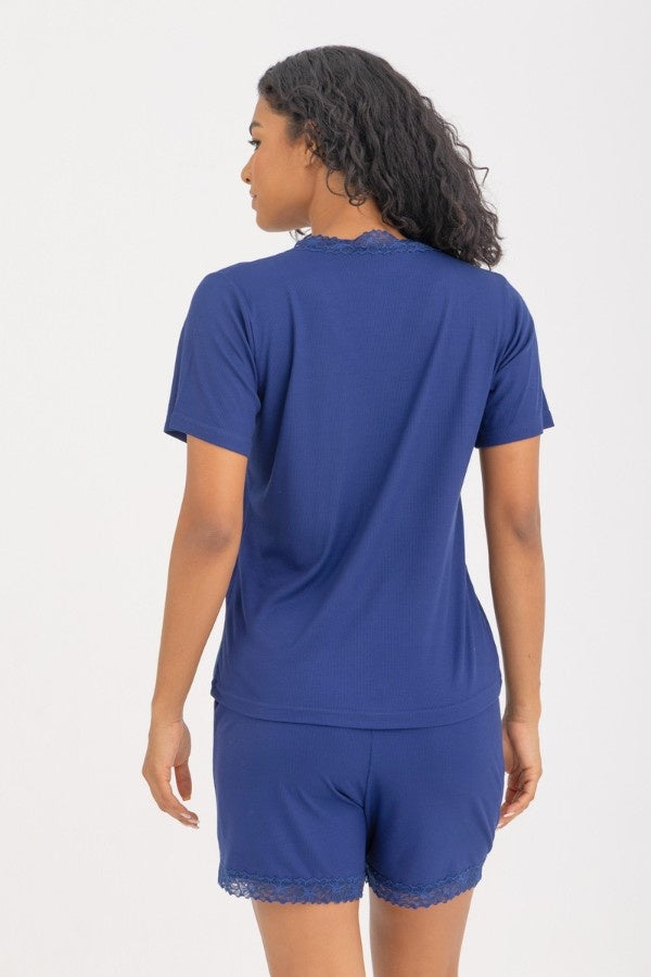 V-neck Short Pyjama Set In Navy Blue
