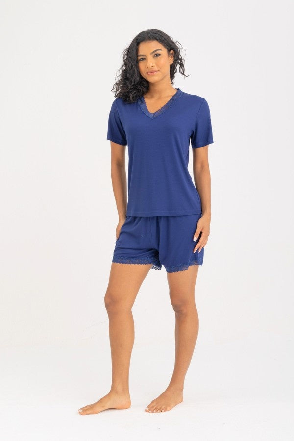 V-neck Short Pyjama Set In Navy Blue
