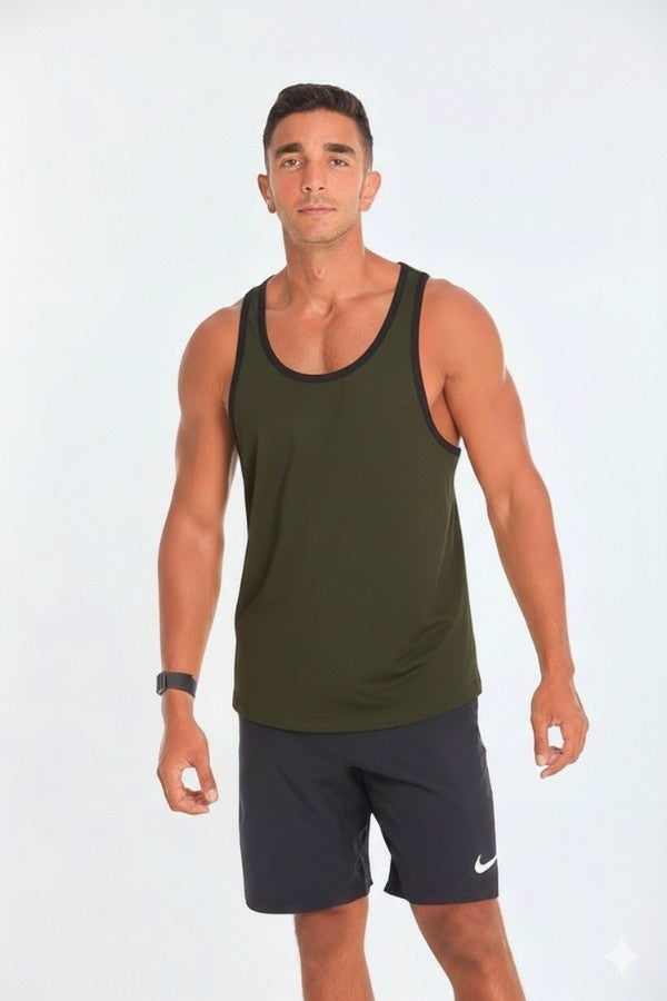 Black lining Tank Top In Olive Green