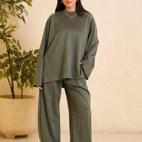 Oversized Ribbed Olive Green Set