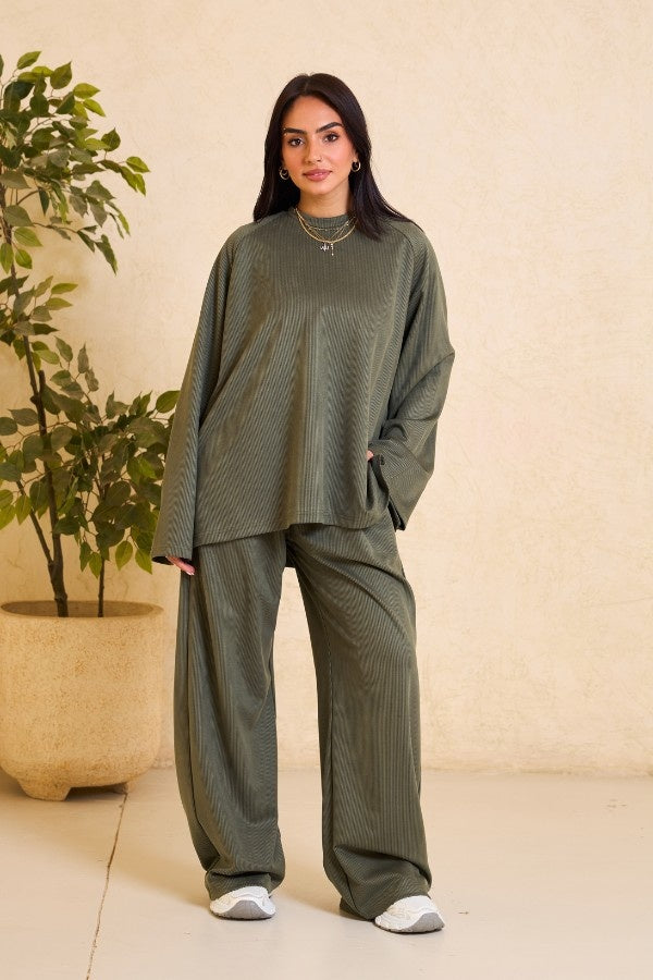 Oversized Ribbed Olive Green Set
