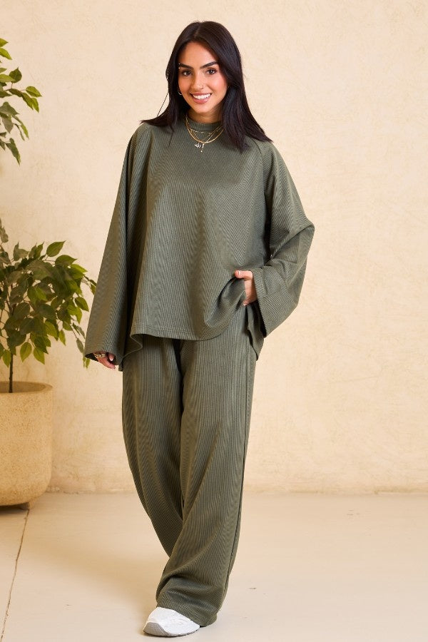 Oversized Ribbed Olive Green Set