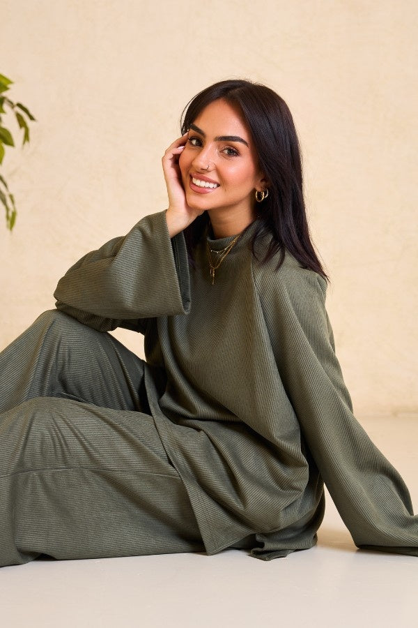 Oversized Ribbed Olive Green Set