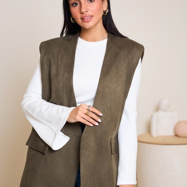 Oversized Suede Vest In Olive Green