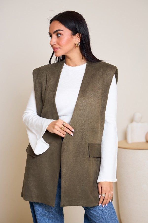 Oversized Suede Vest In Olive Green