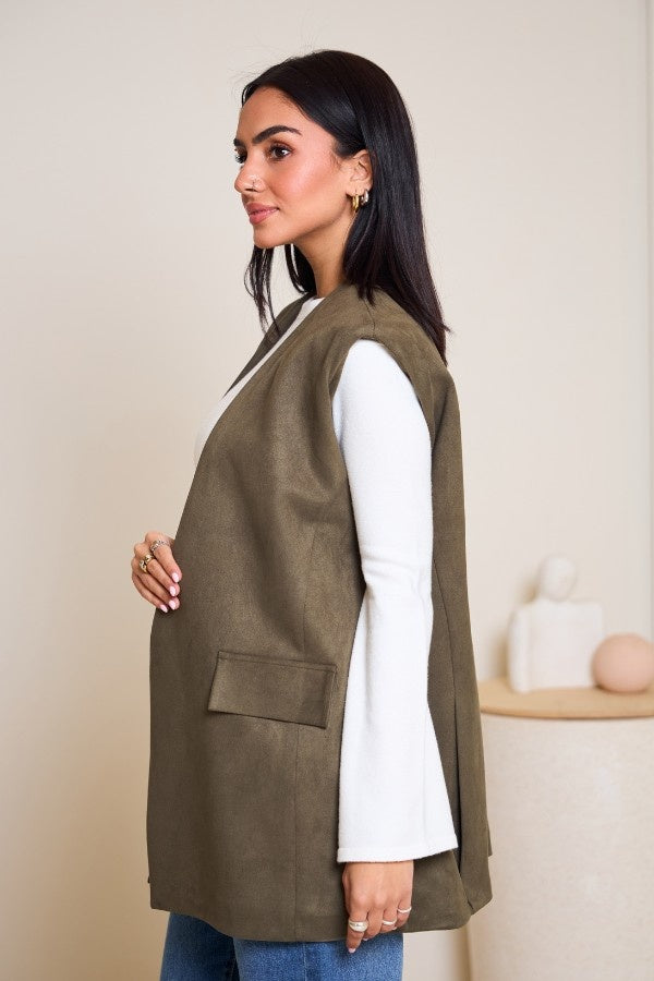 Oversized Suede Vest In Olive Green