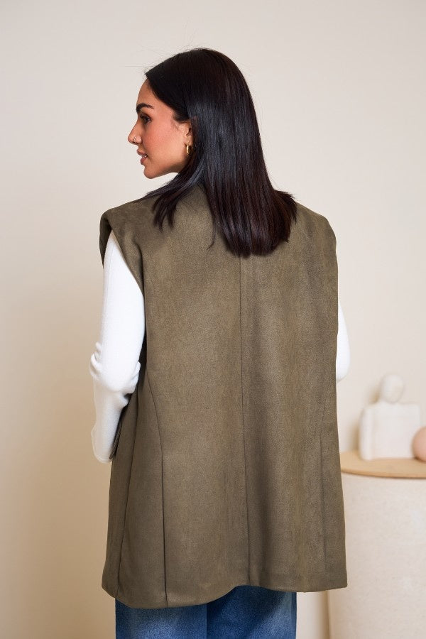 Oversized Suede Vest In Olive Green