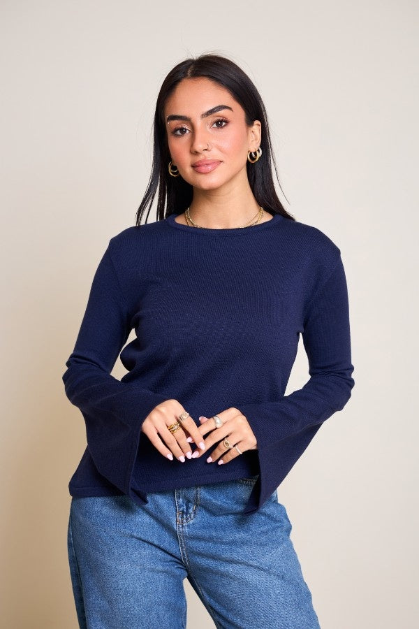Scarved Knitted Navy Blue Top